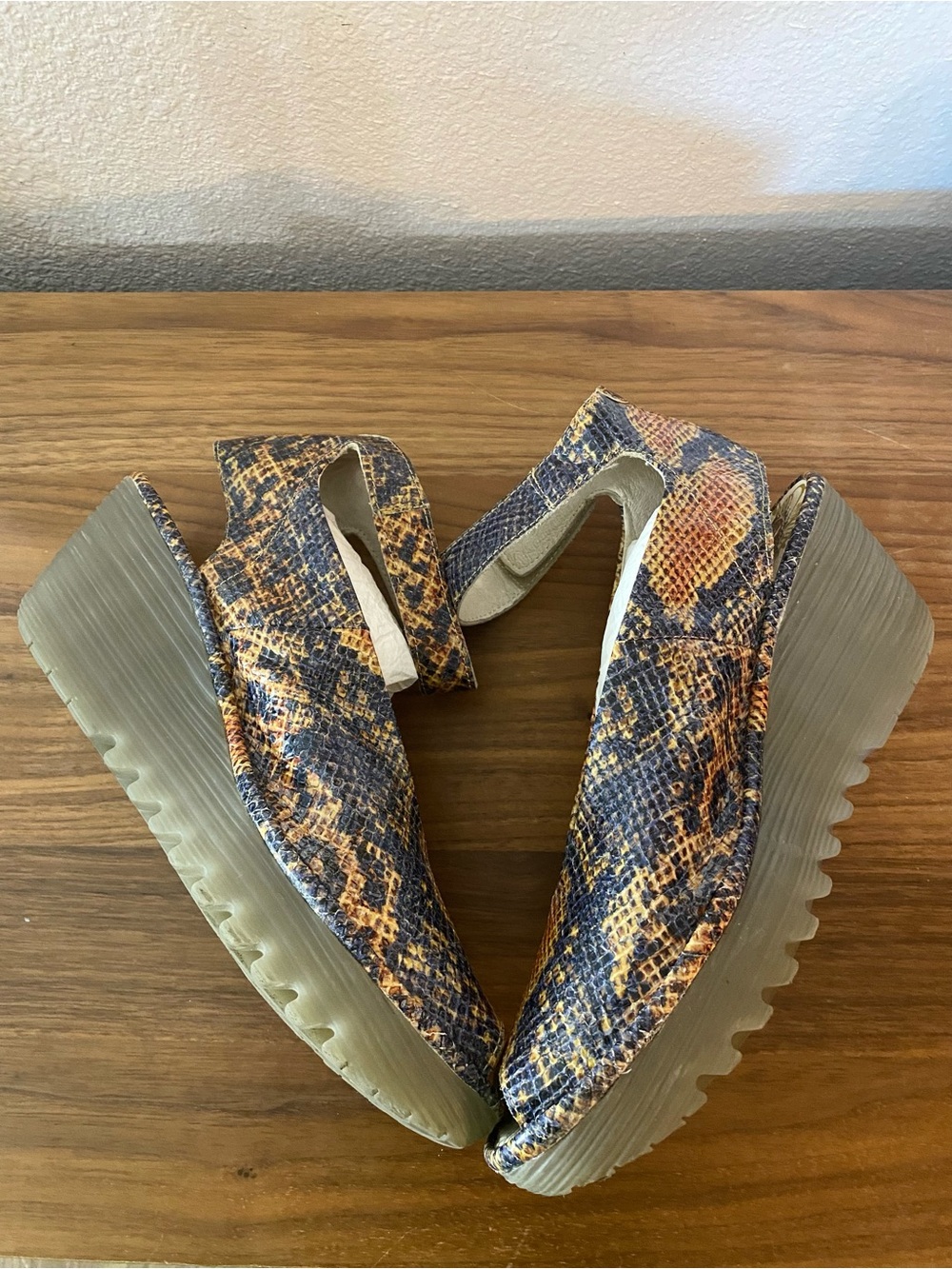 Fly London Yala Snakeskin Leather Wedge Heel Ankle Strap Sandals Charcoal Tan 10 - Picture 7 of 12
